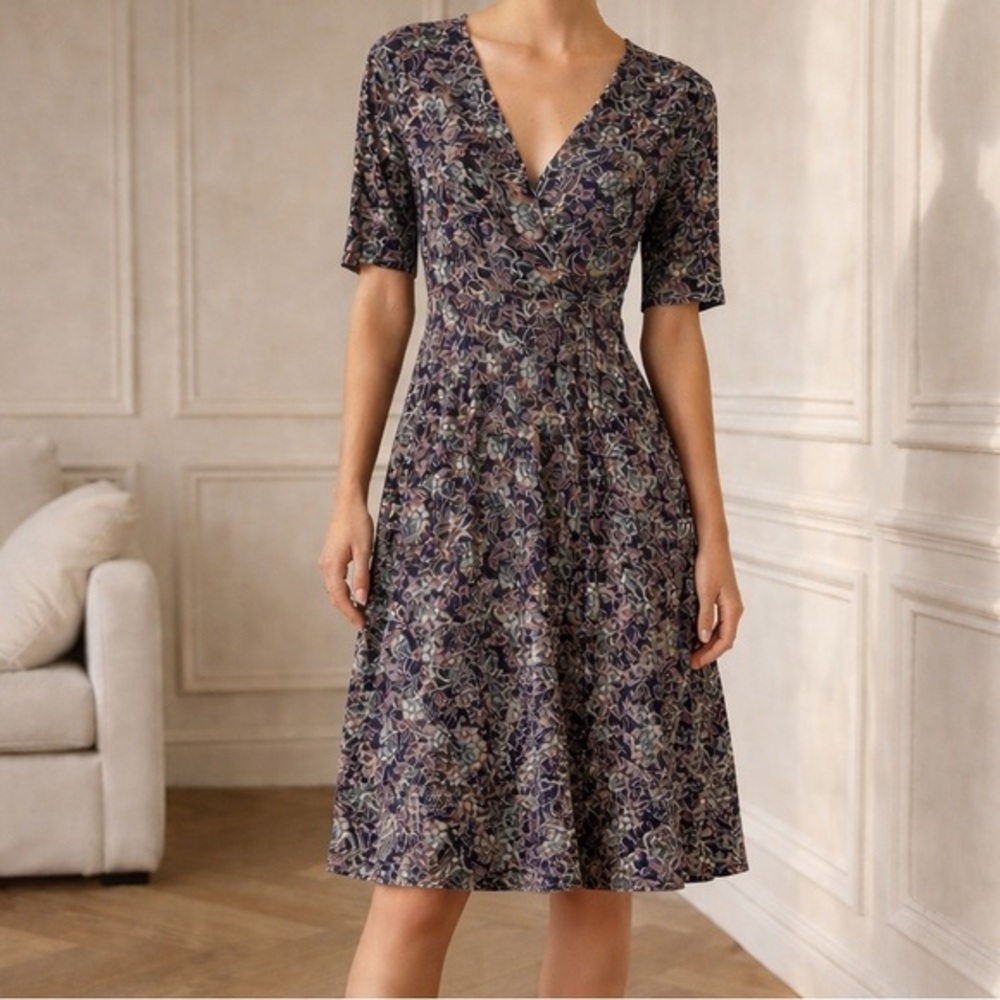 Boden Kassidy Floral Jersey Midi Dress Blue Purple V-Neck Fit & Flare